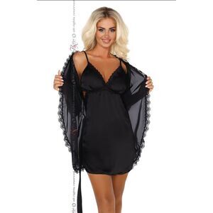 Beauty Night Satin Lace Sleepwear Set Women Black Nightwear